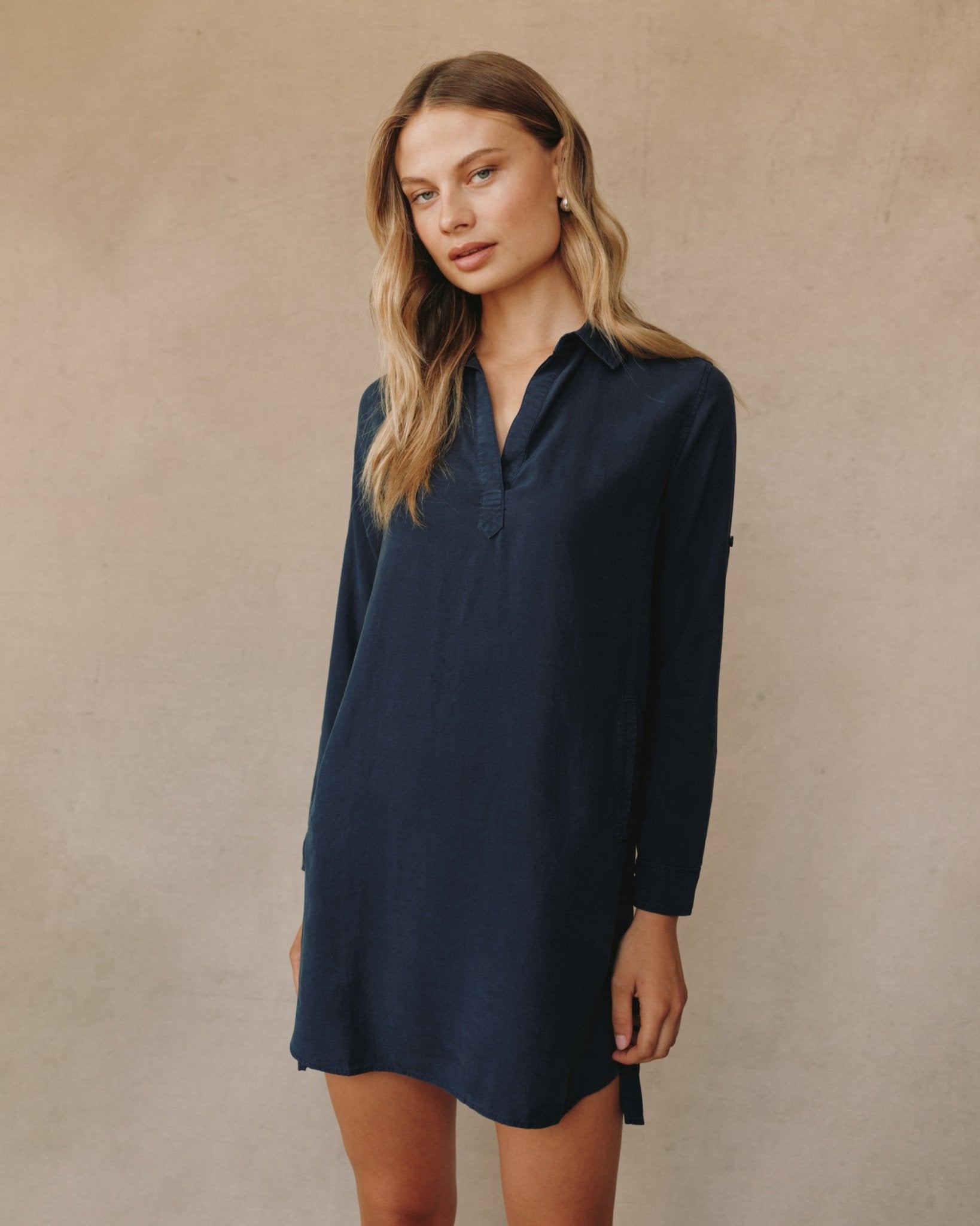 A Line Rolled Tab Sleeve Dress - Endless Sea