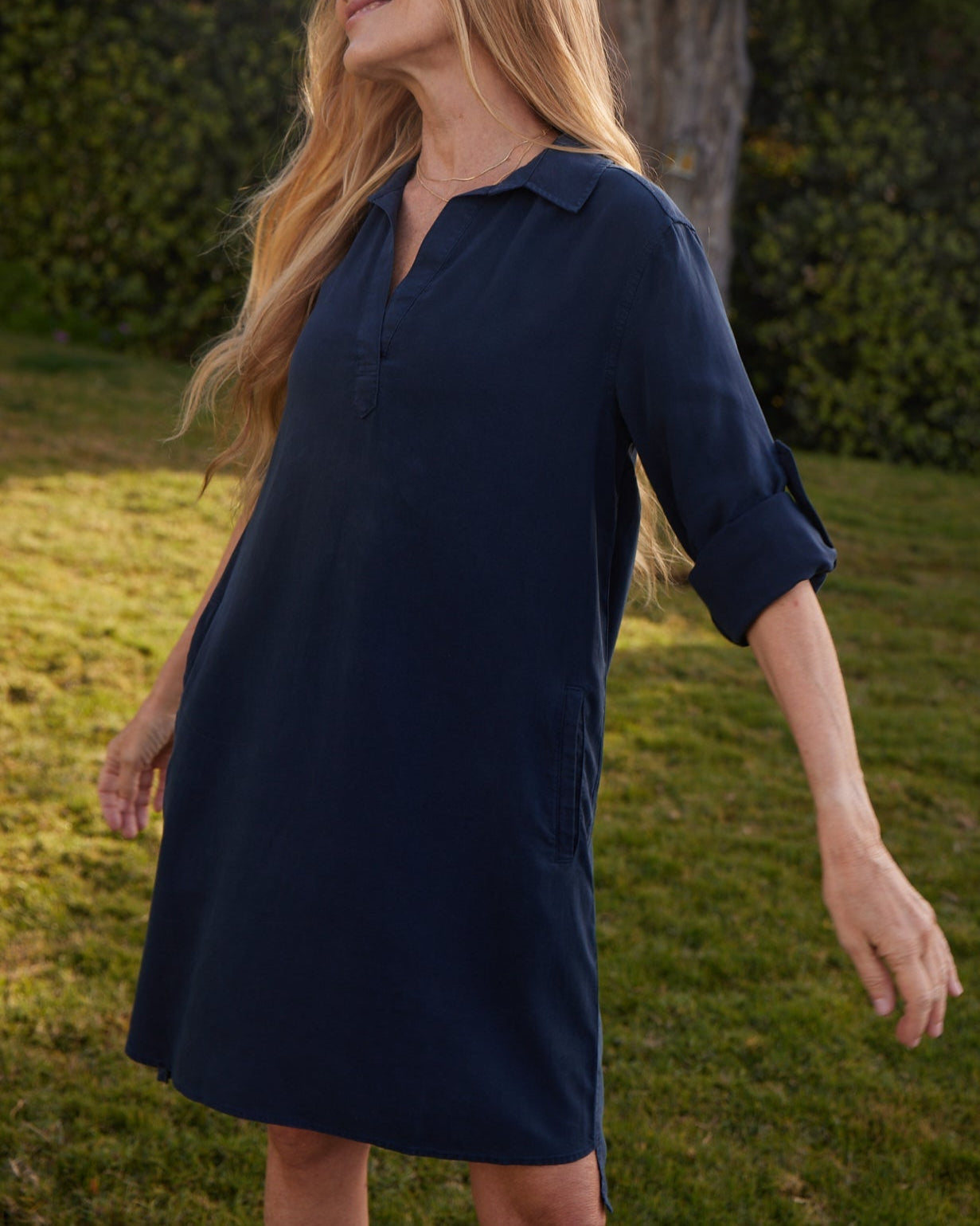 A Line Rolled Tab Sleeve Dress - Endless Sea