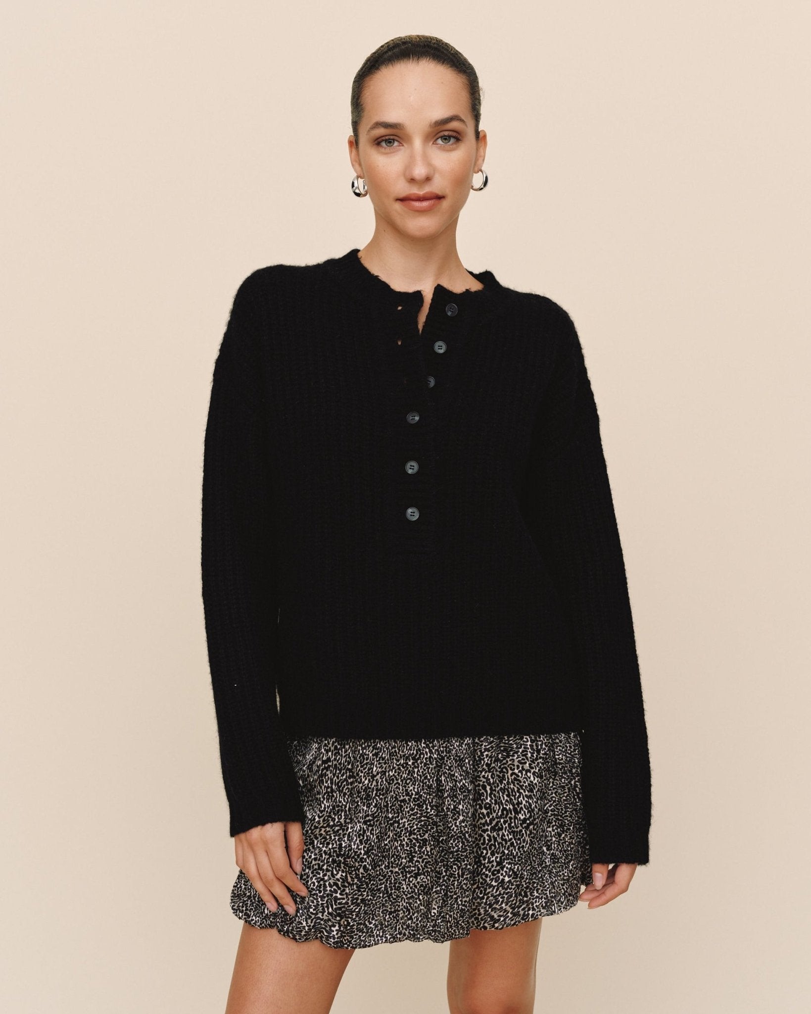 Button Placket Pullover Sweater - Black