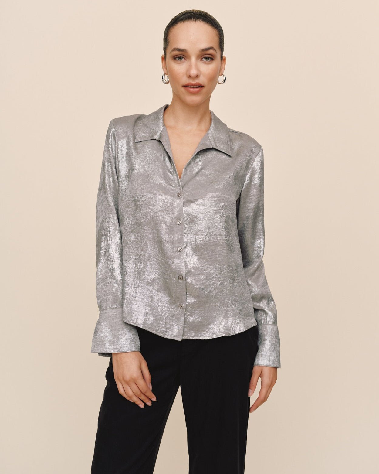 Flowy Wide Collar Button Down - Silver Distress Foil