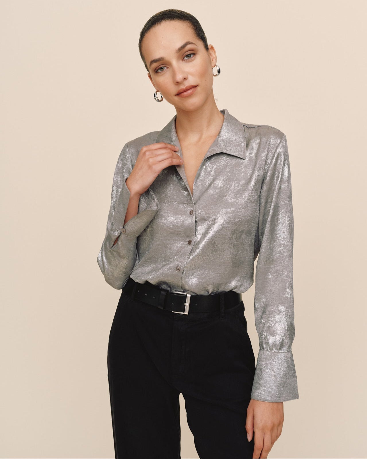 Flowy Wide Collar Button Down - Silver Distress Foil