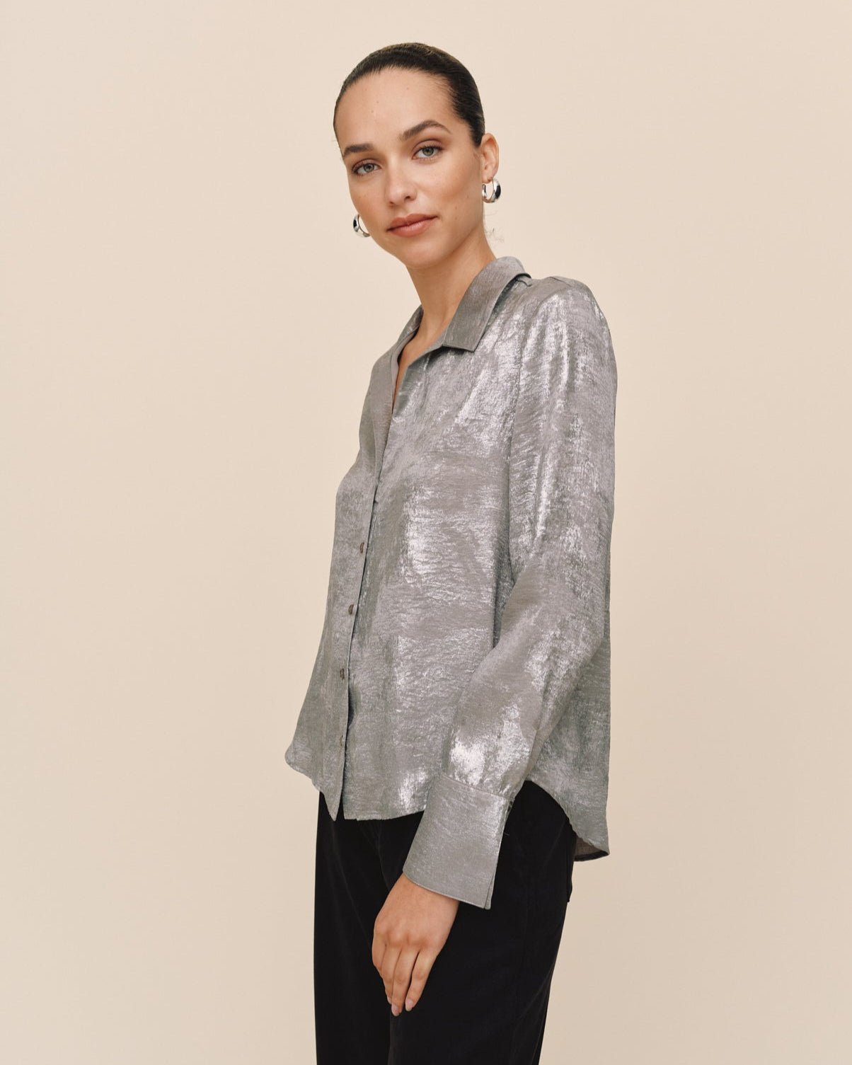 Flowy Wide Collar Button Down - Silver Distress Foil