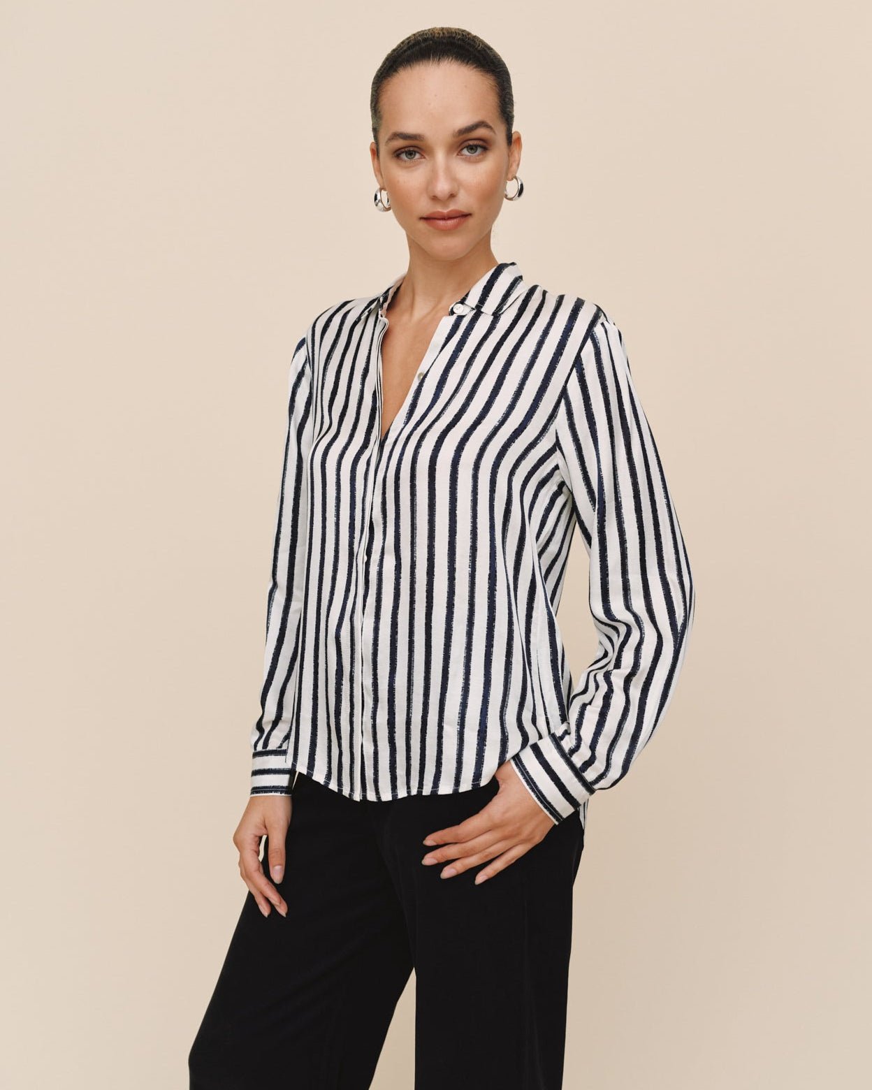 High Low Hem Shirt - Indigo Ink Stripe