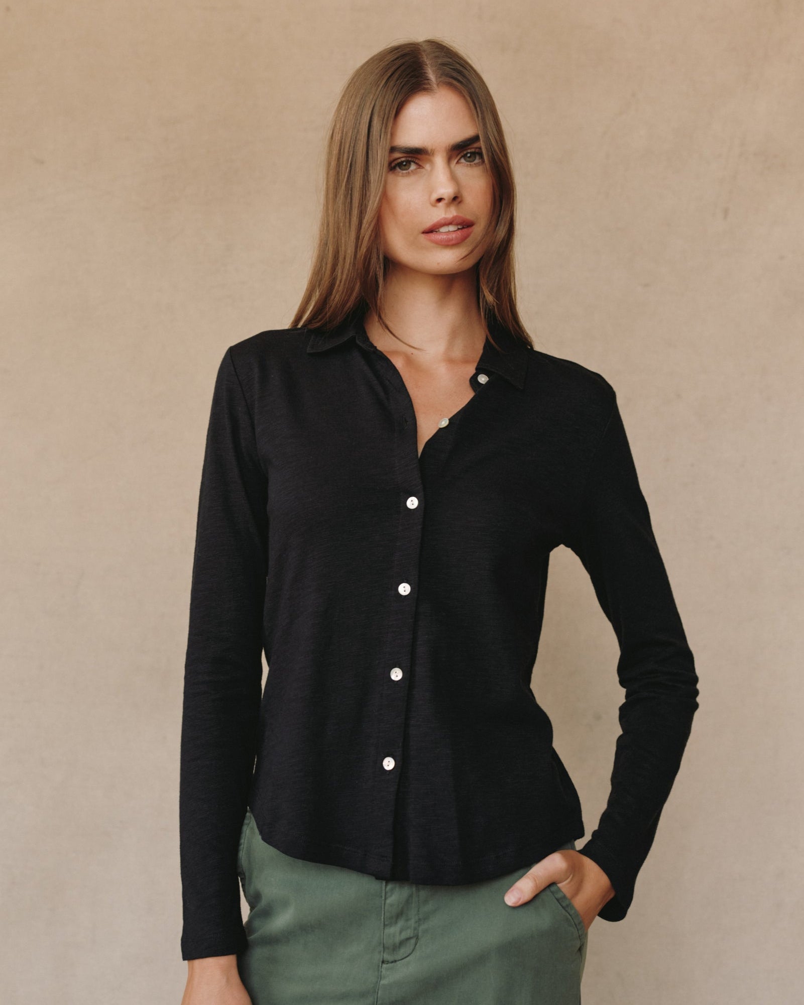 Long Sleeve Knit Button Down - Black