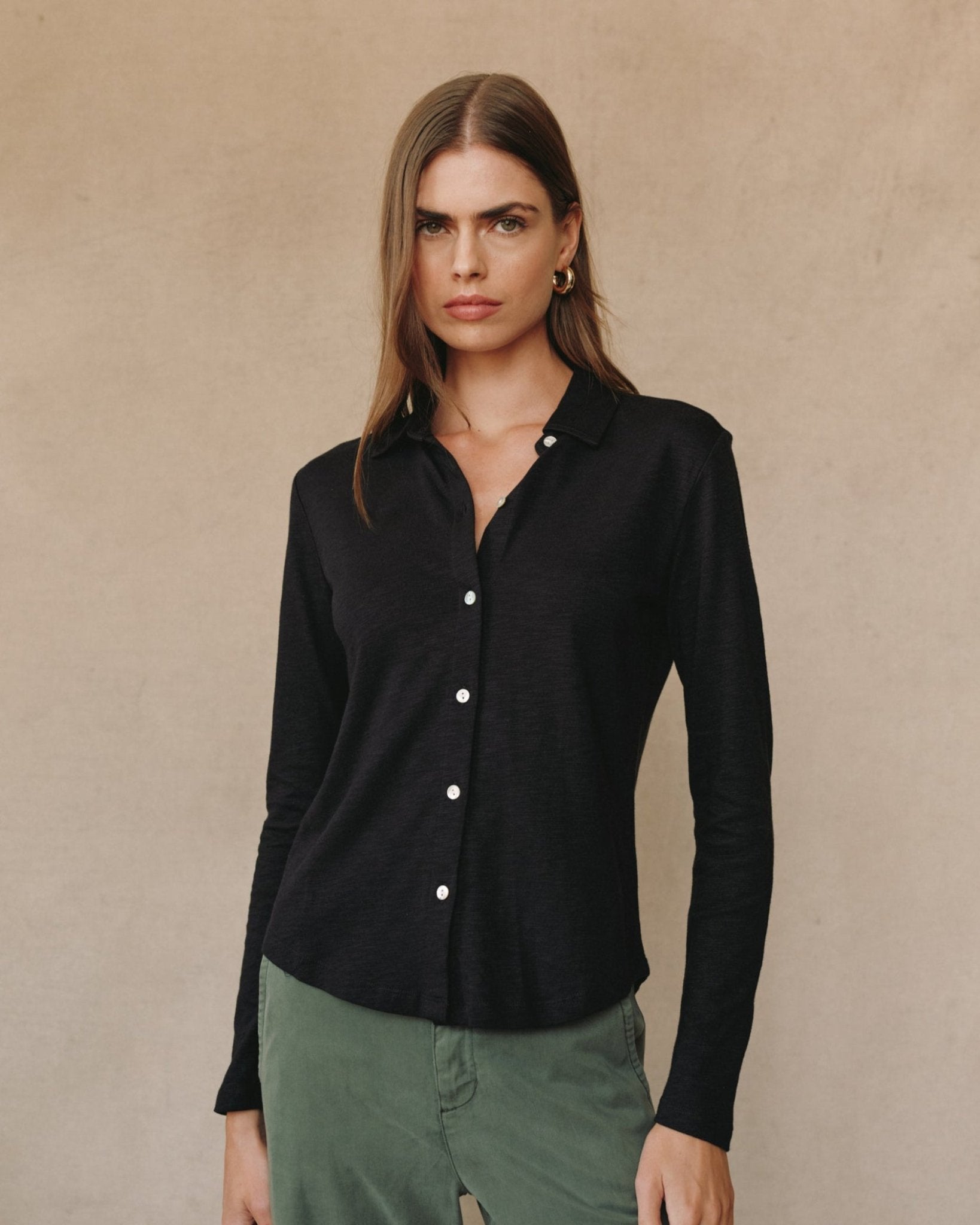 Long Sleeve Knit Button Down - Black