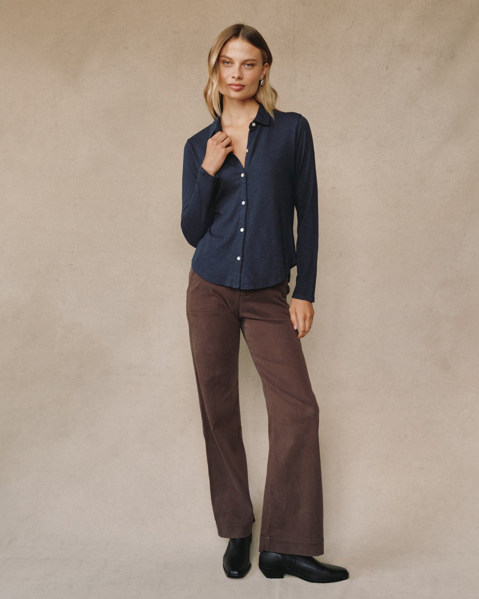 Long Sleeve Knit Button Down - Endless Sea