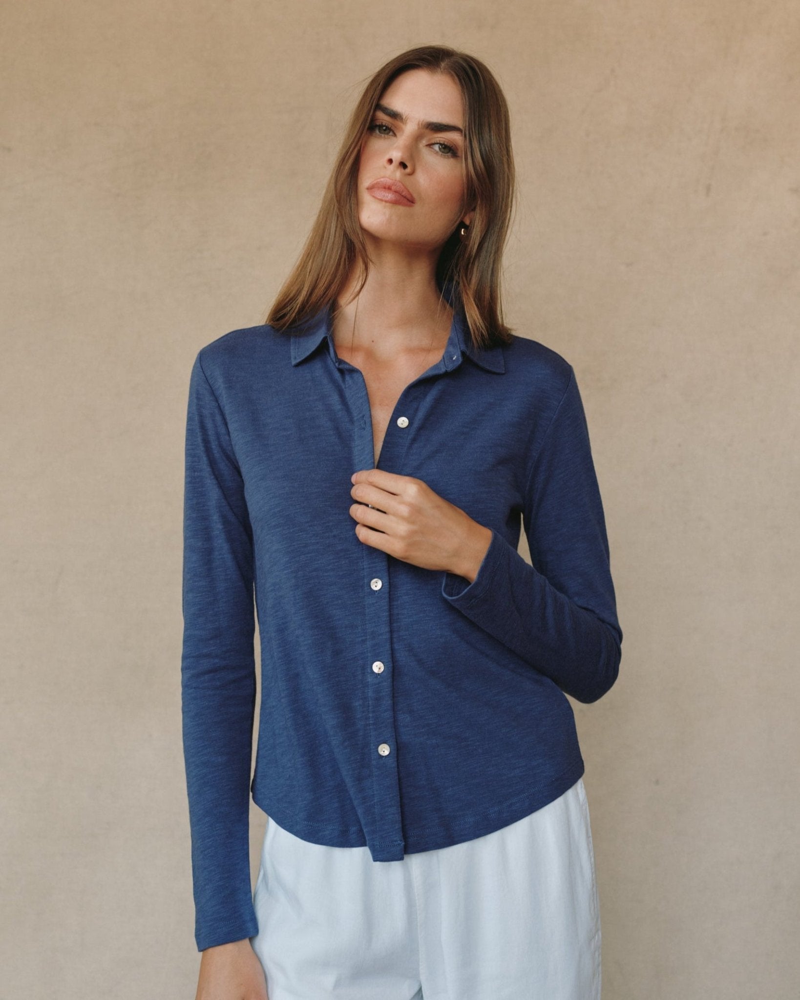 Long Sleeve Knit Button Down - Hudson Blue