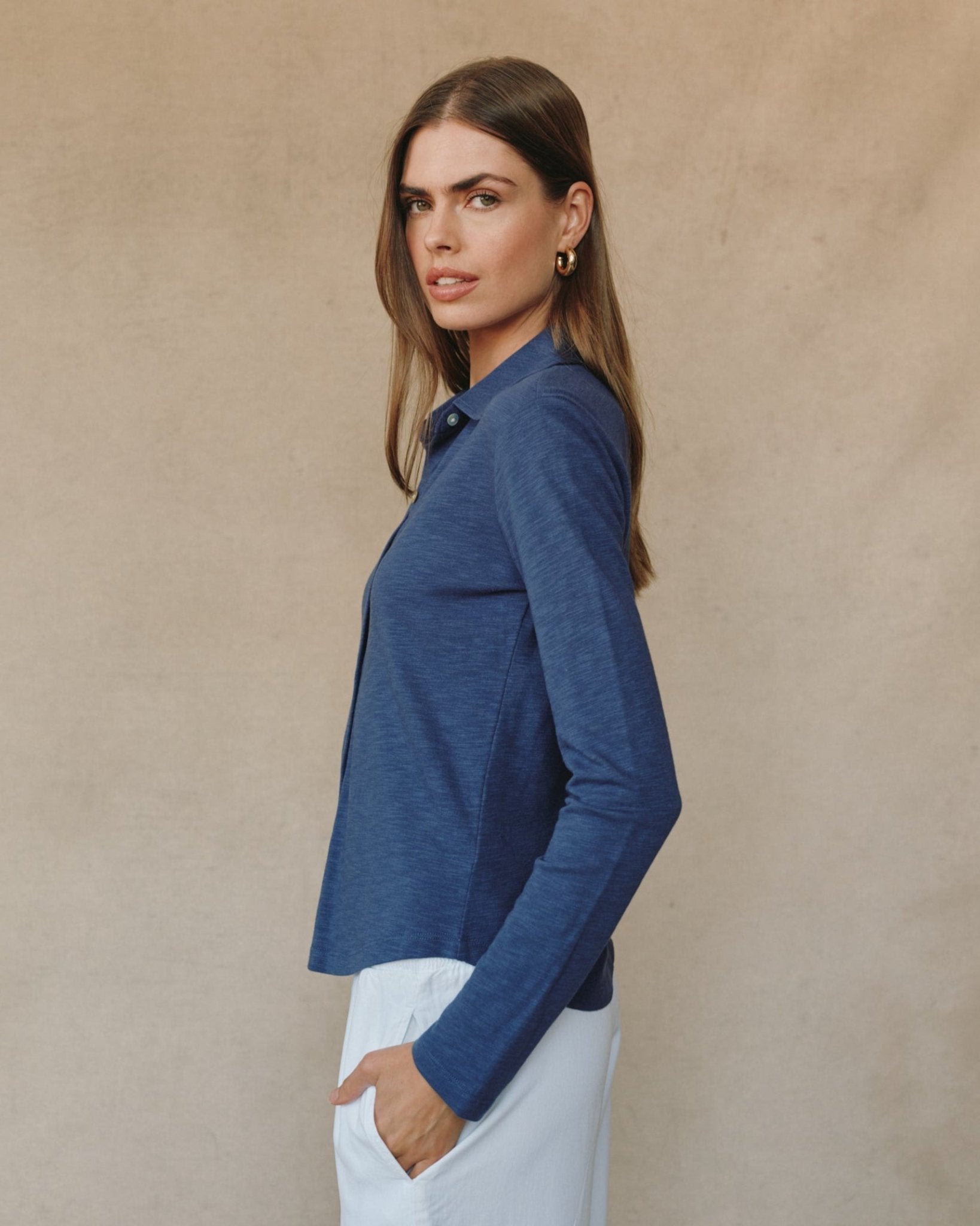 Long Sleeve Knit Button Down - Hudson Blue