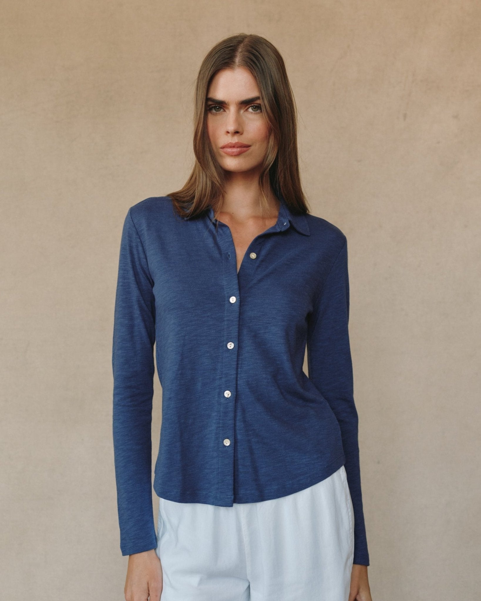 Long Sleeve Knit Button Down - Hudson Blue