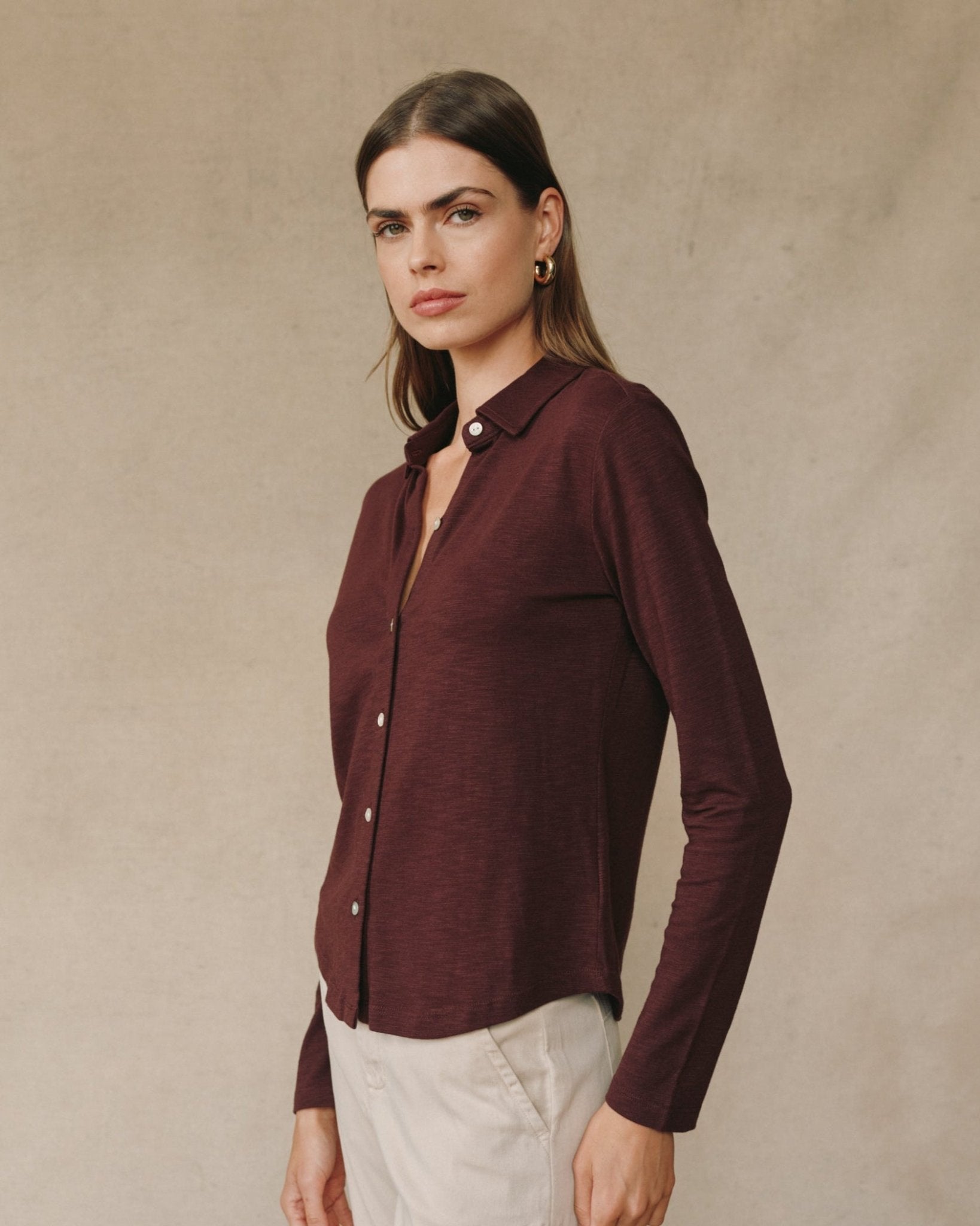 Long Sleeve Knit Button Down - Pinot Noir
