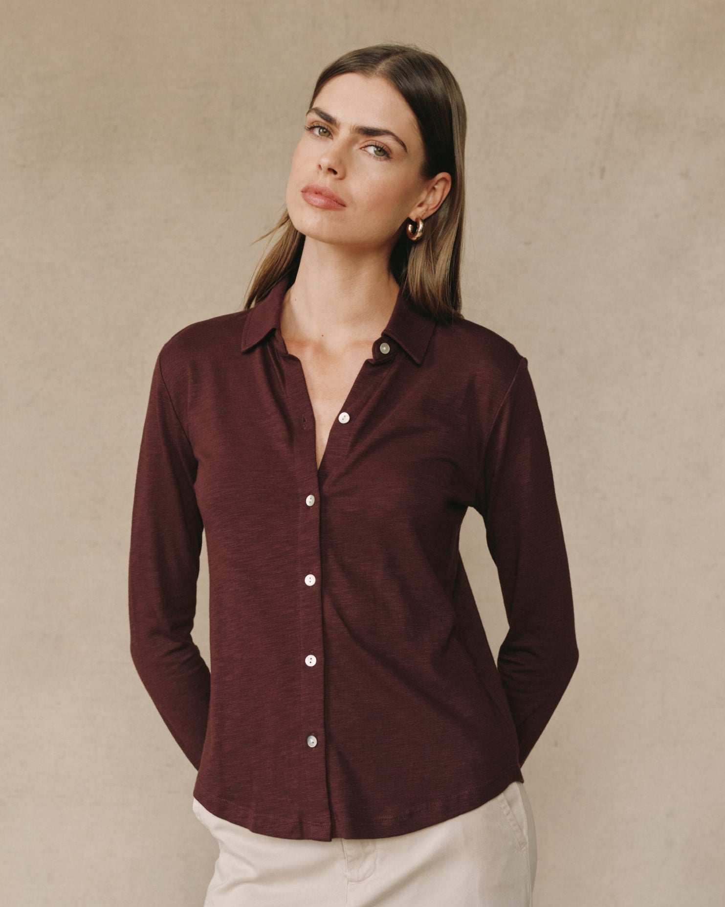 Long Sleeve Knit Button Down - Pinot Noir
