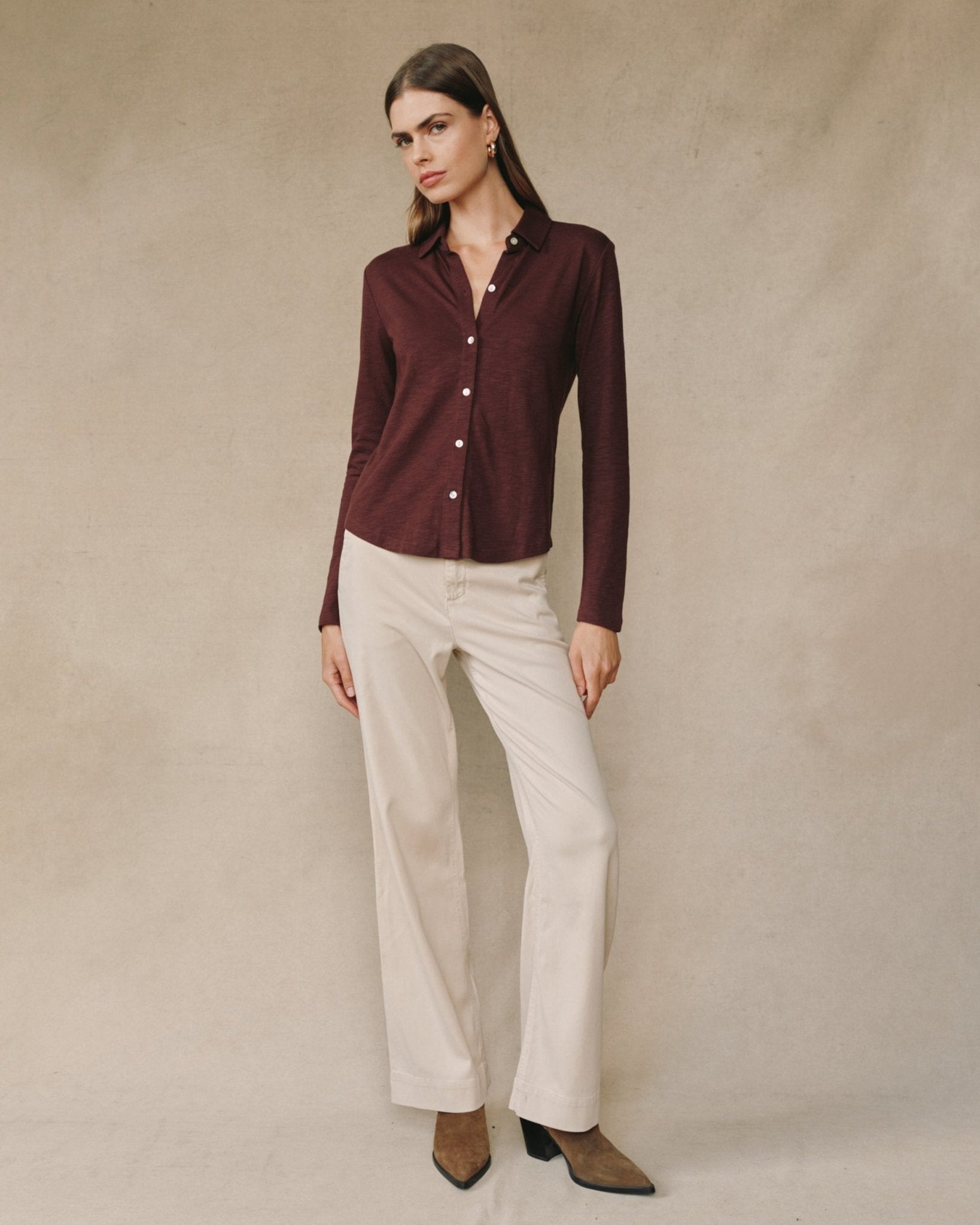 Long Sleeve Knit Button Down - Pinot Noir