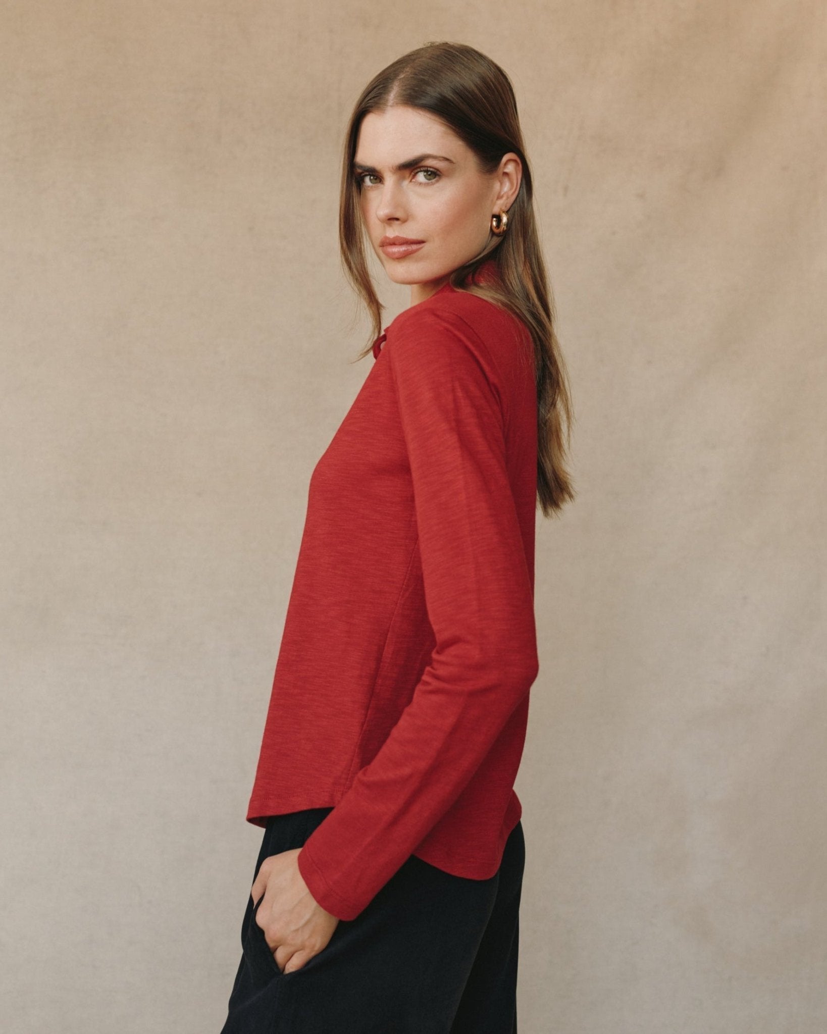 Long Sleeve Knit Button Down - Ruby Red