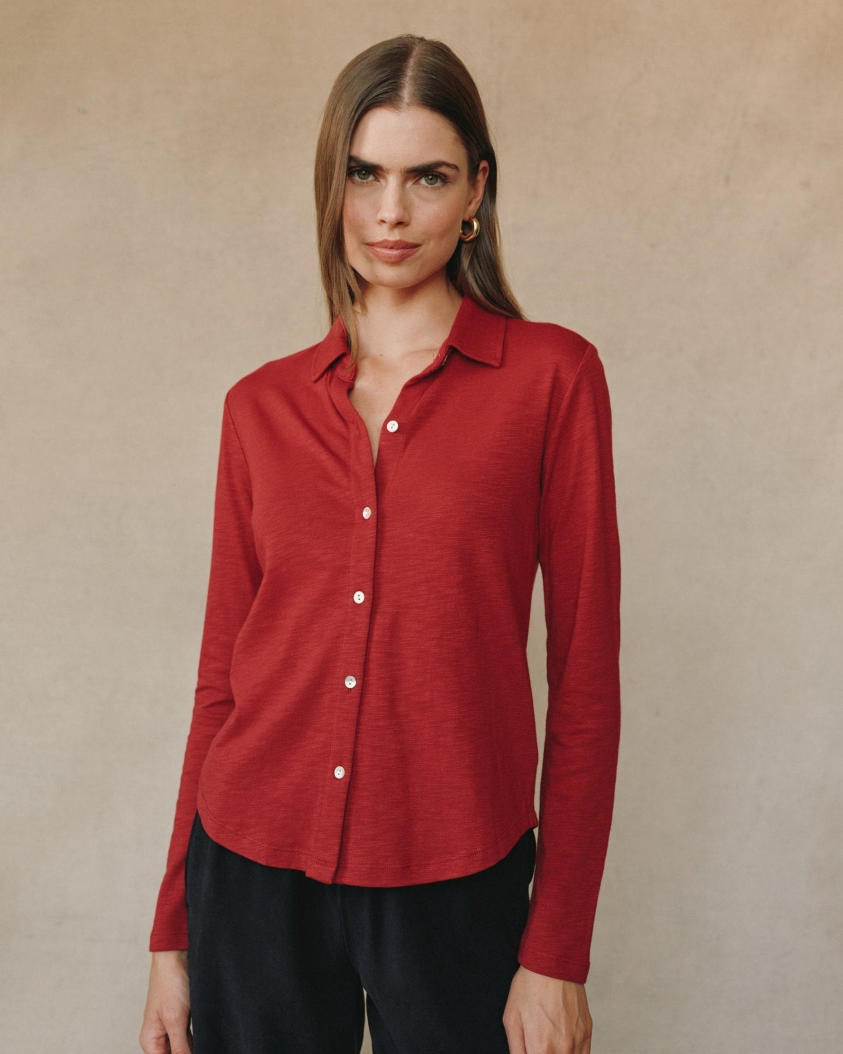 Long Sleeve Knit Button Down - Ruby Red