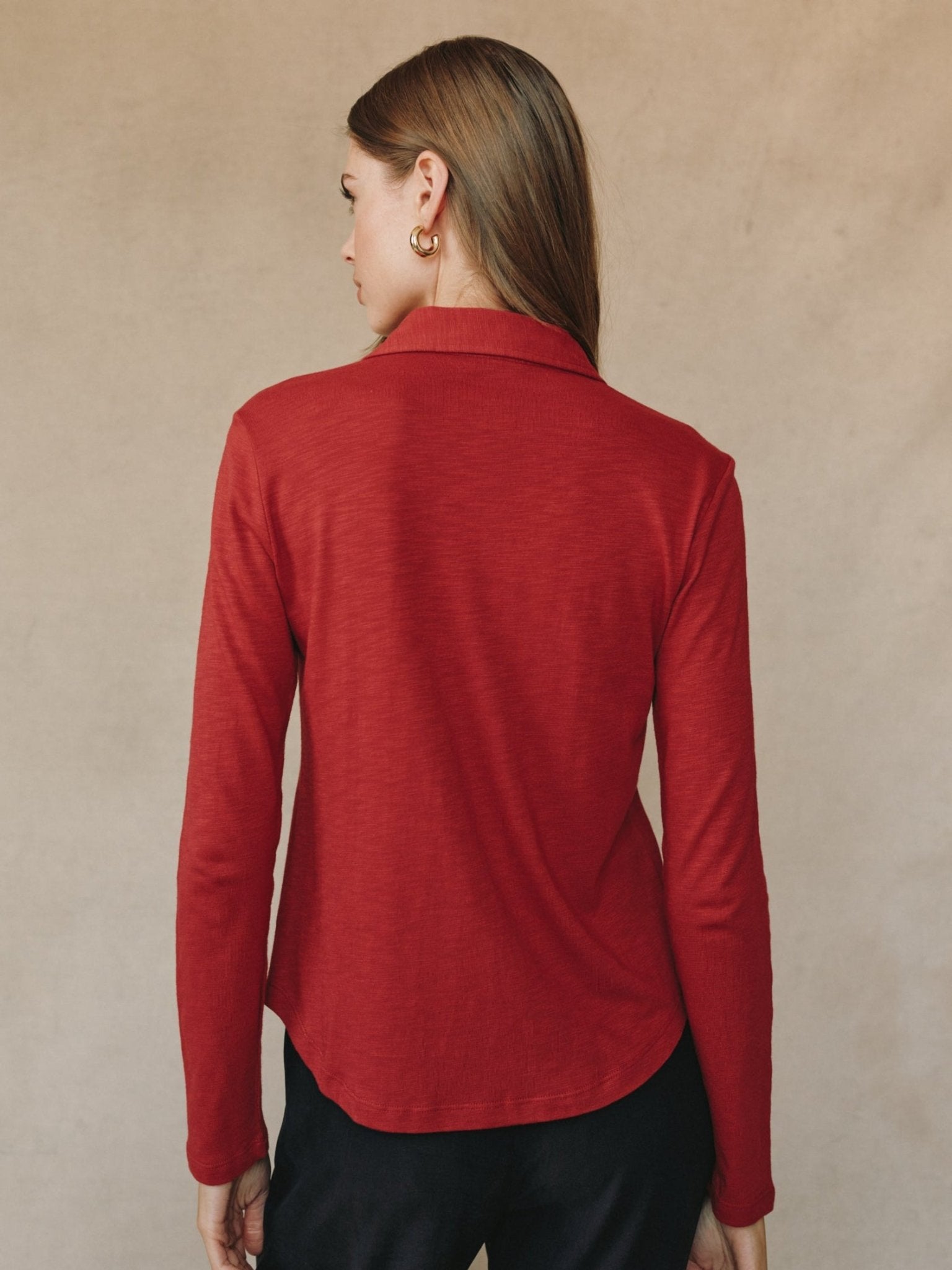 Long Sleeve Knit Button Down - Ruby Red
