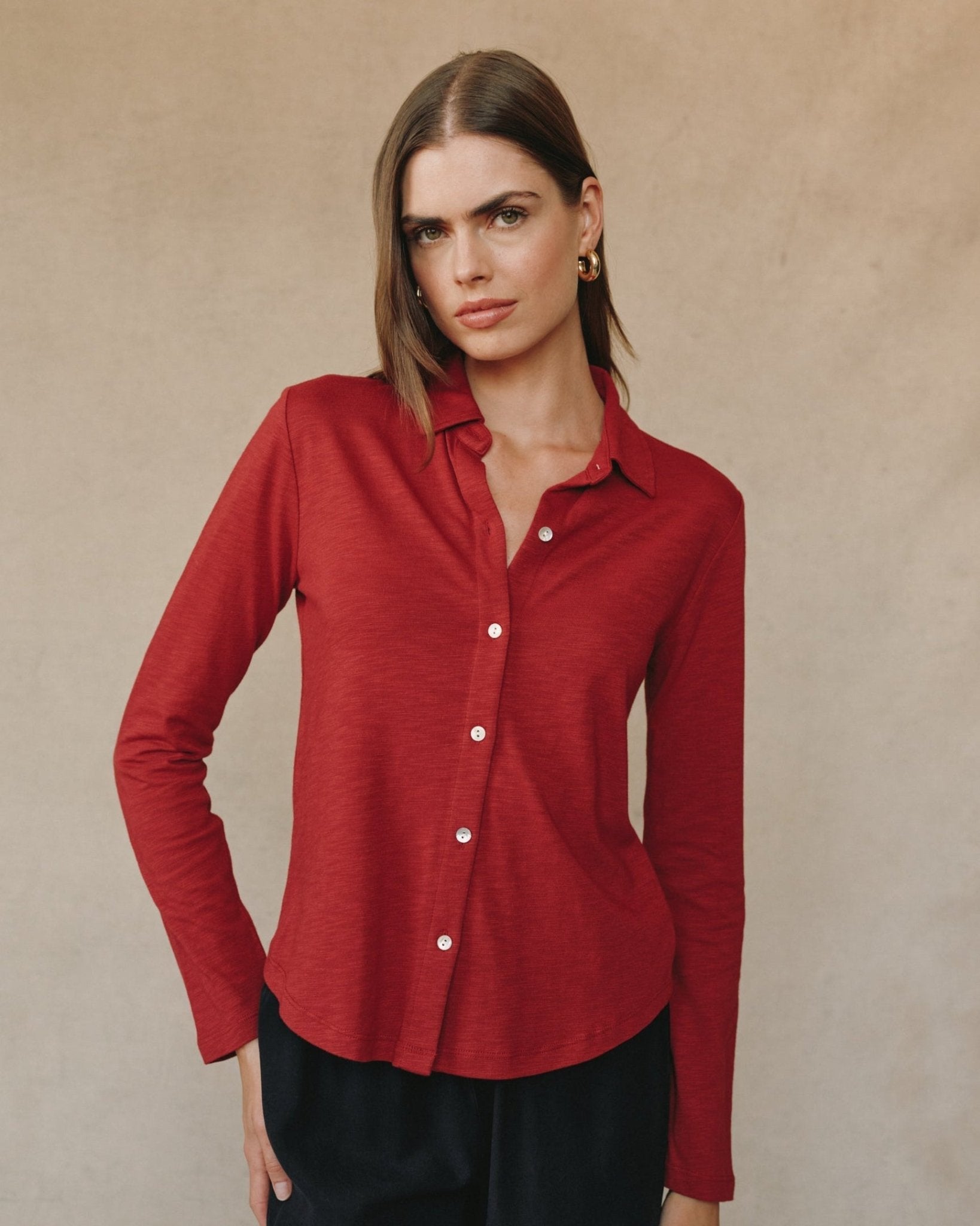 Long Sleeve Knit Button Down - Ruby Red