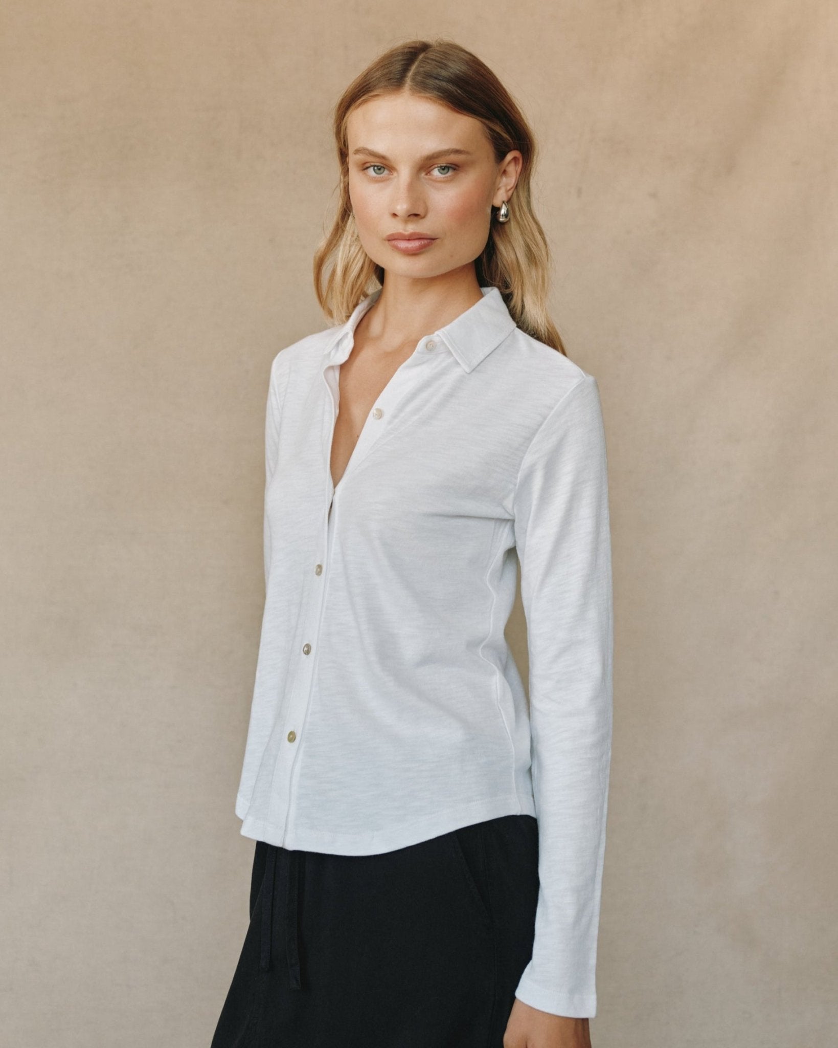 Long Sleeve Knit Button Down - White