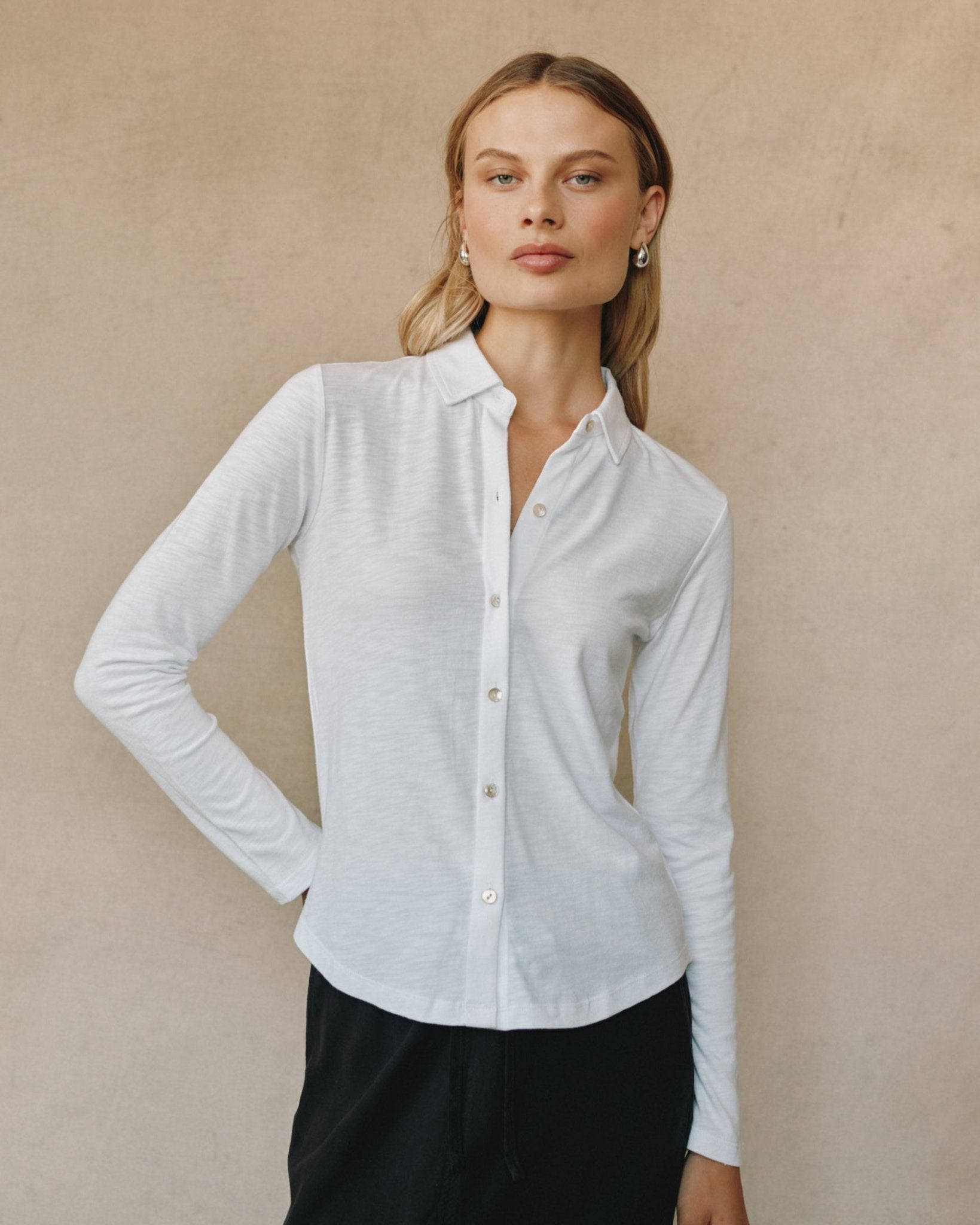 Long Sleeve Knit Button Down - White