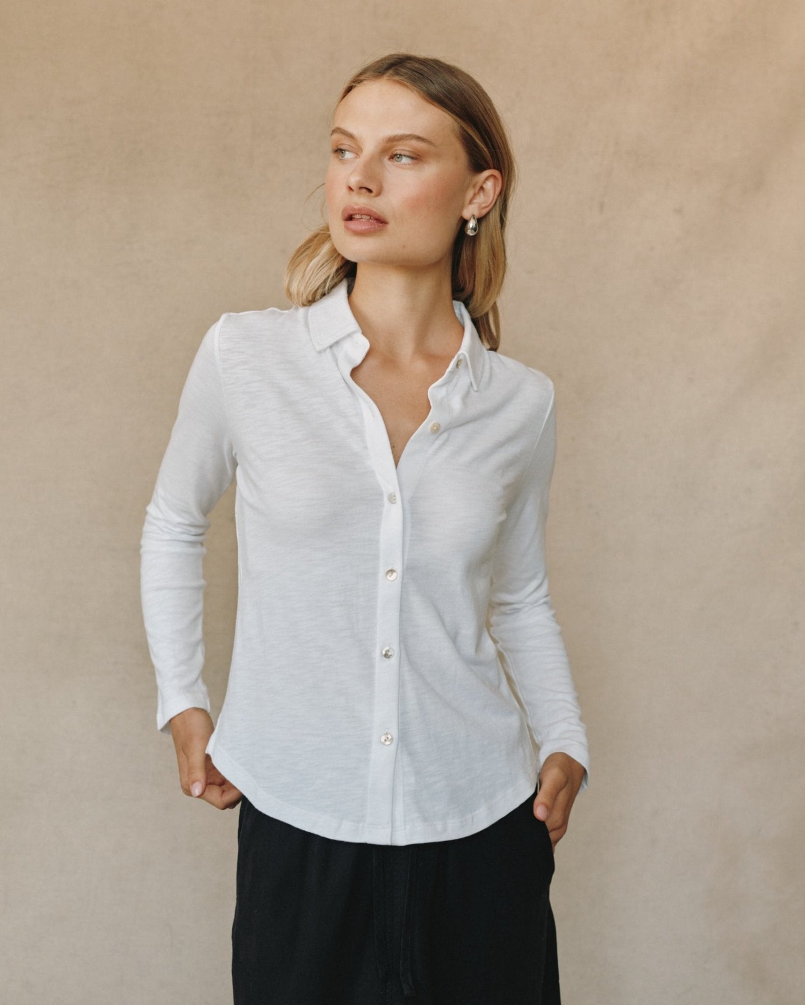 Long Sleeve Knit Button Down - White
