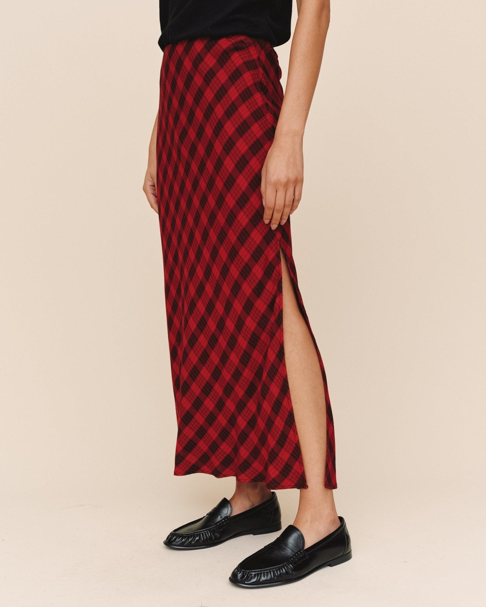 Side Slit Bias Maxi Skirt - Red & Black Check