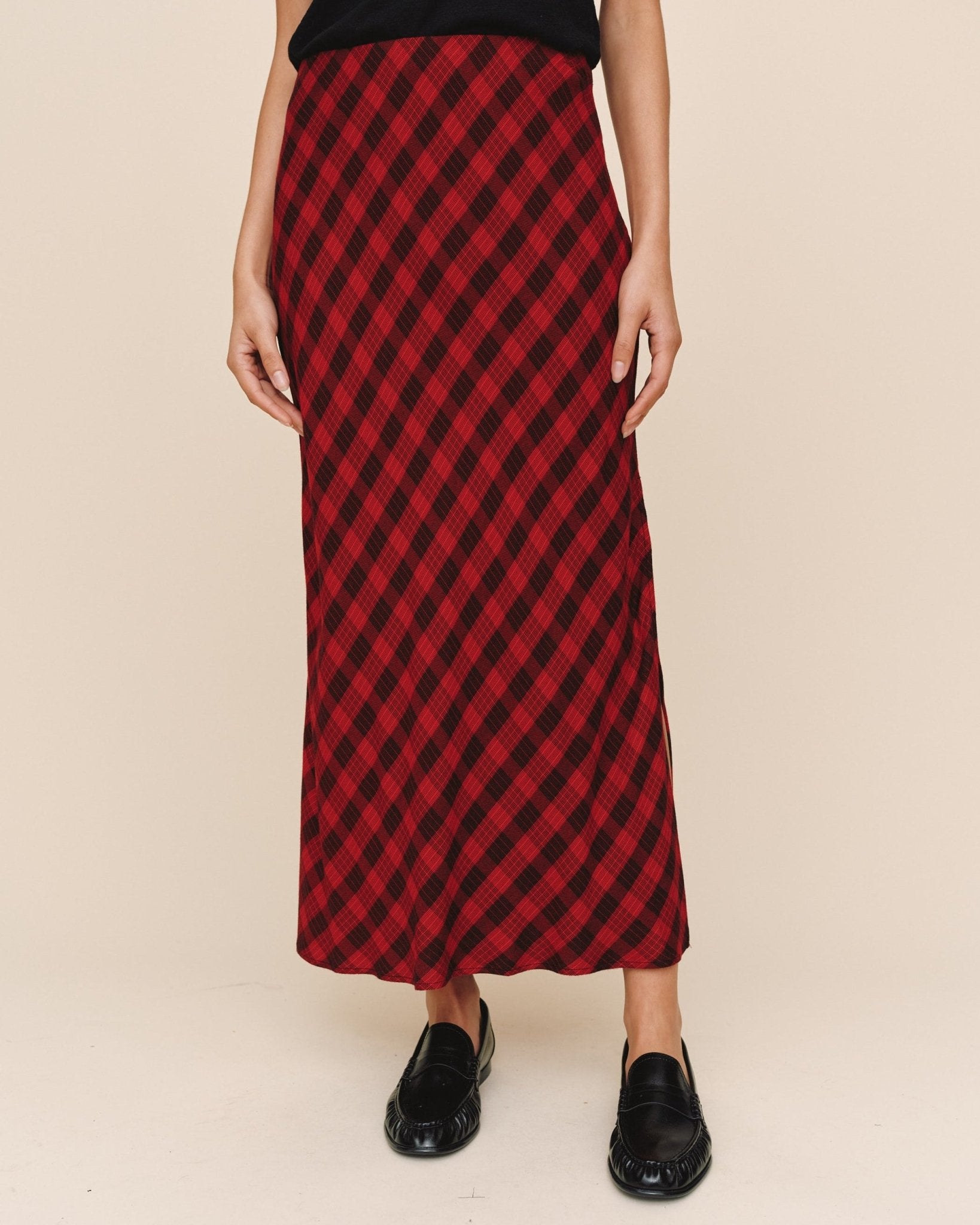 Side Slit Bias Maxi Skirt - Red & Black Check