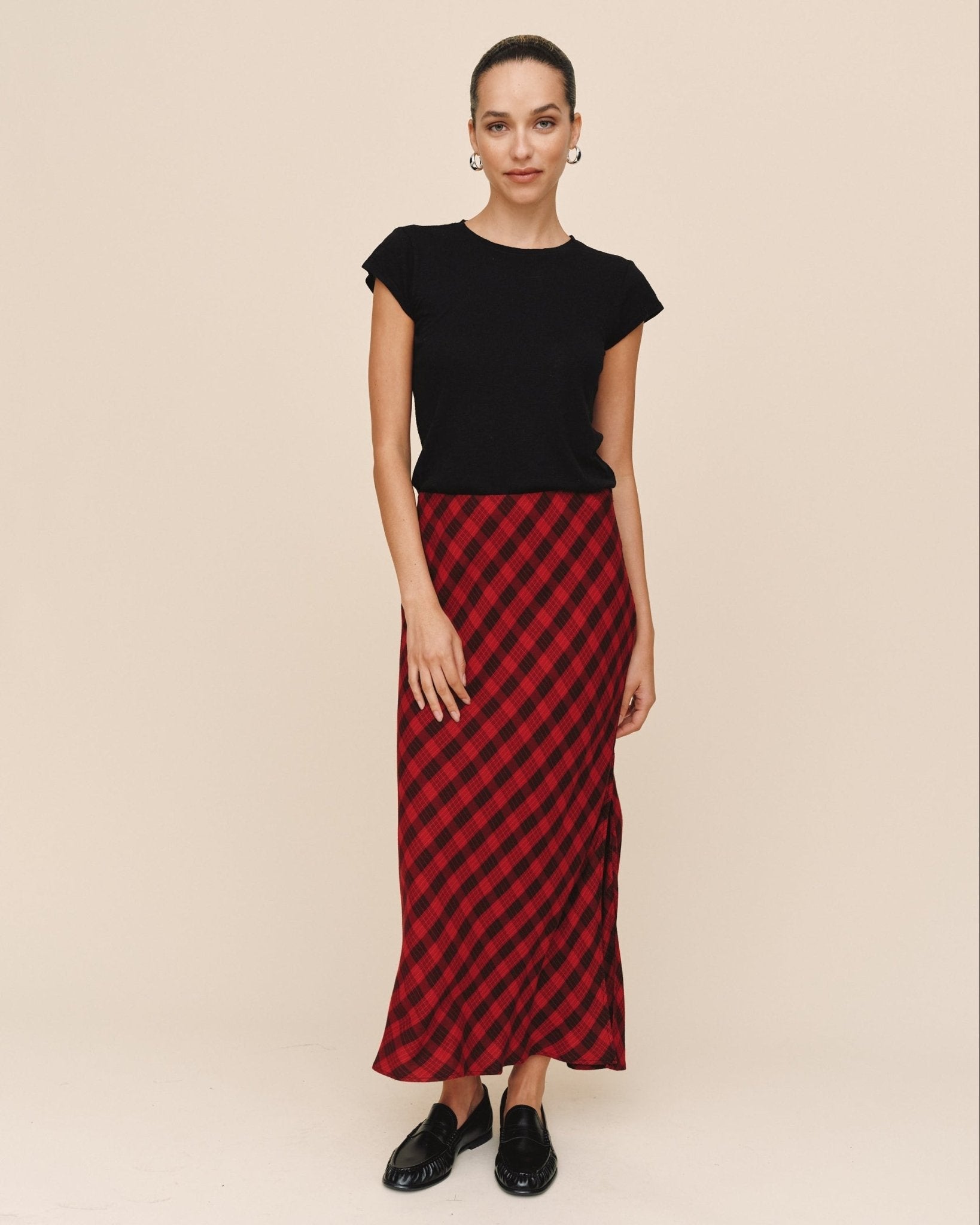 Side Slit Bias Maxi Skirt - Red & Black Check