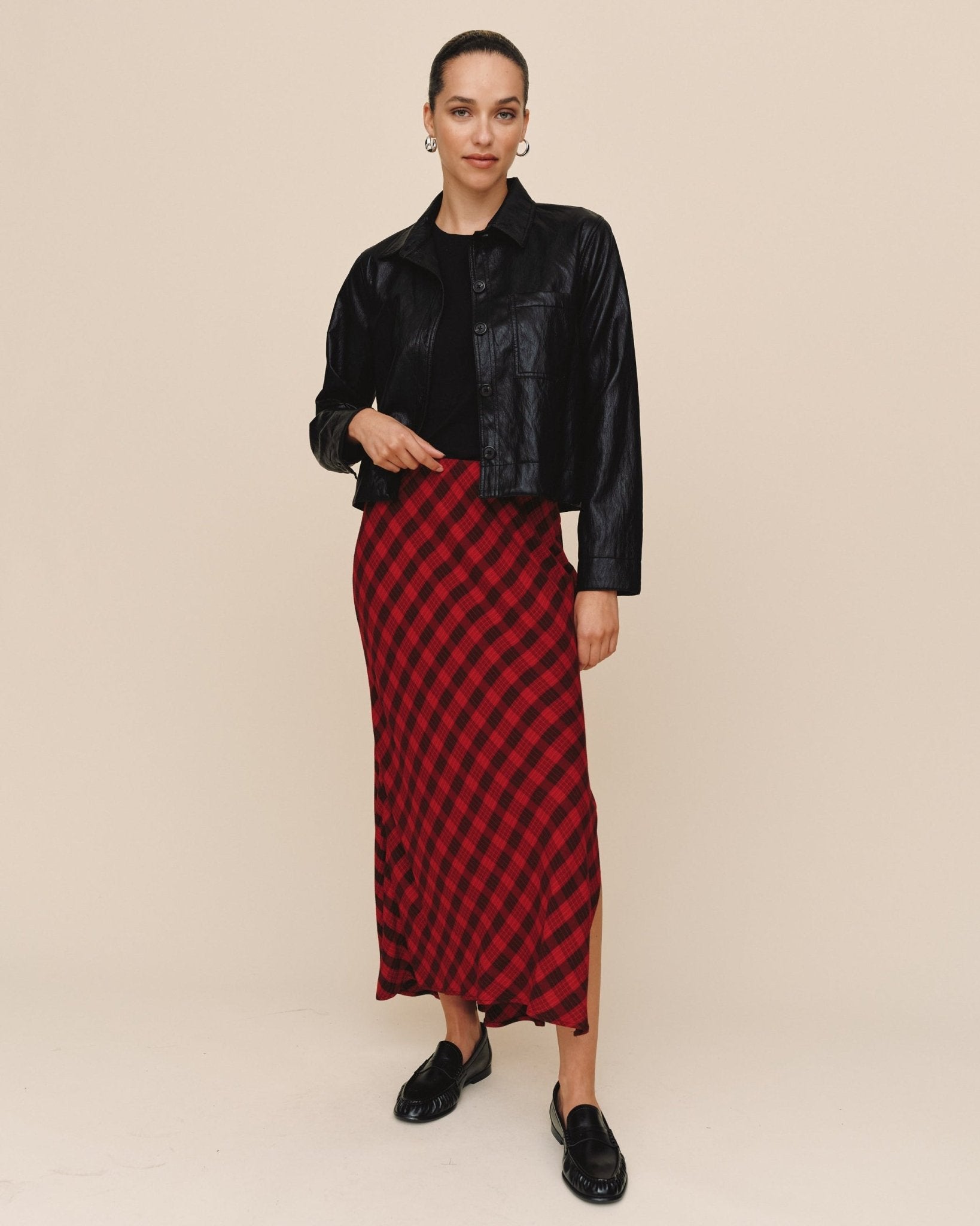 Side Slit Bias Maxi Skirt - Red & Black Check