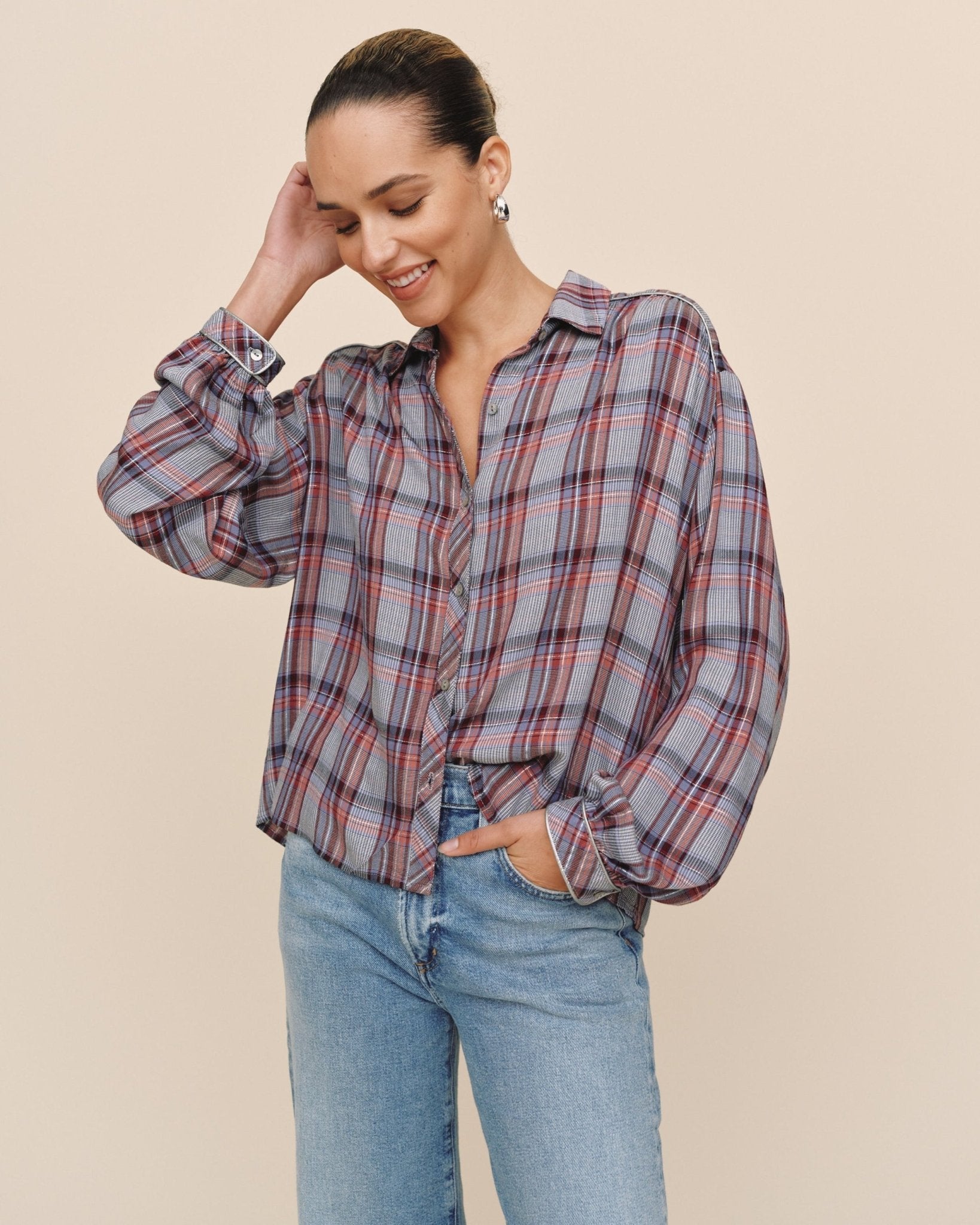 Trimmed Flowy Shirt - Silver Shimmer Plaid